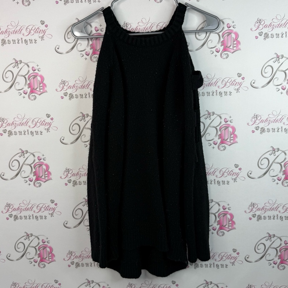 Revamped sweater cut outs cold shoulder strappy detail Black Cozy Knit Sweater